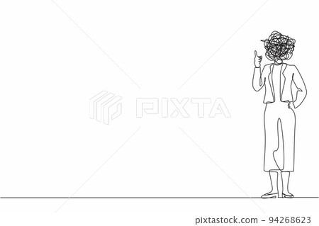 Single one line drawing businesswoman with round scribbles instead of head. Female manager pointing finger up gesture. Idea, innovation, invention, problem solving. Continuous line draw design vector 94268623
