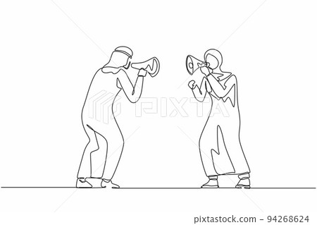 Continuous one line drawing Arab man and woman hold loudspeakers scream at each other engaged in family fight. Stubborn angry husband and wife yell shout in megaphones. Single line draw design vector 94268624