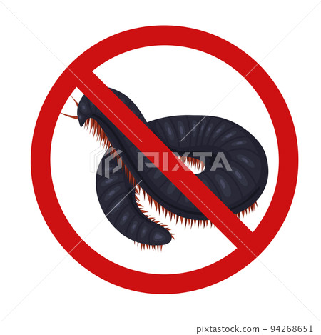 Scolopendra in sign of prohibition. Vector forbidden sign with a spooky insect. Centipede bite danger. Do not touch rare animals. Scolopendra in sign of prohibition. Vector forbidden sign with a spooky insect. Centipede bite danger. Do not touch rare animals. 94268651