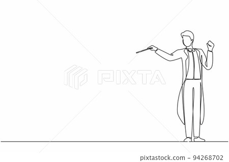Single continuous line drawing man music orchestra conductor. Male musician in tuxedo suit with arm gestures. Expressive conductor directs orchestra during performance. One line graphic design vector 94268702