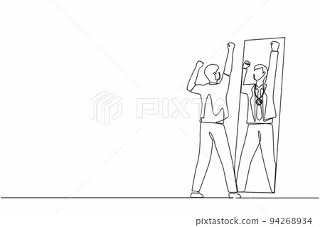 Single one line drawing narcissistic businessman looking at mirror and seeing in reflection of himself with gold medal, person overestimate himself, self confidence. Continuous draw line design vector 94268934
