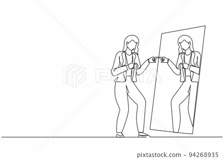 Single continuous line drawing happy narcissistic businesswoman looks at mirror. Woman self reflection. Narcissism and vanity. Look selfishness, narcissistic, admiring. One line graphic design vector 94268935
