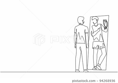 Single continuous line drawing businessman looking at mirror and seeing in reflection of himself with holding gold medal, person overestimate himself, self confidence. One line graphic design vector 94268936