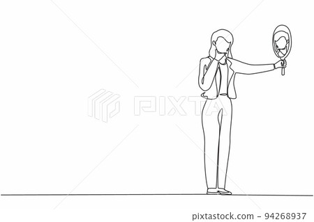 Single one line drawing businesswoman holding hand mirror. Female manager with hand mirror. Woman looking at herself in mirror. Narcissism and reflection concept. Continuous line draw design vector 94268937