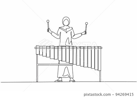 Single one line drawing woman Arabian percussion player play marimba. Young female musician playing traditional Mexican marimba instrument at music festival. Continuous line draw design graphic vector Single one line drawing woman Arabian percussion player play marimba. Young female musician playing traditional Mexican marimba instrument at music festival. Continuous line draw design graphic vector 94269415