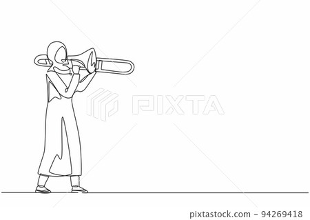 Single one line drawing Arabian trombone player. Female performer play wind instrument. Music artist girl. Jazz woman. Musician play trumpet. Classic music event. Continuous line design graphic vector 94269418