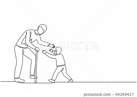 Single continuous line drawing happy little boy running to hug his grandfather. Grandson visiting grandparents. Senior man welcoming grandchild at home. One line graphic design vector illustration 94269427