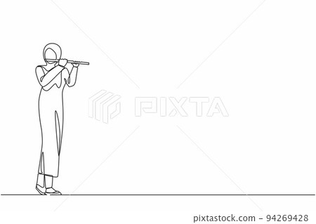 Continuous one line drawing Arabian female musician playing flute. Flutist performing classical music on wind instrument. Solo performance of talented flautist. Single line design vector illustration 94269428