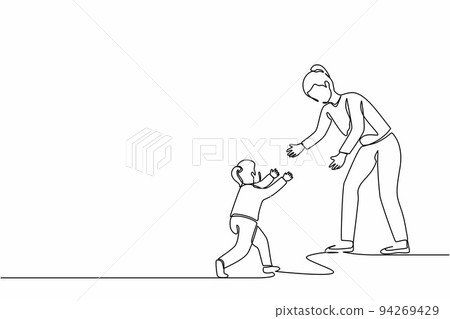 Continuous one line drawing mom and little daughter running to each other with open arms. Mother, girl, kid. Parenthood, childhood, parenting concept. Single line design vector graphic illustration 94269429
