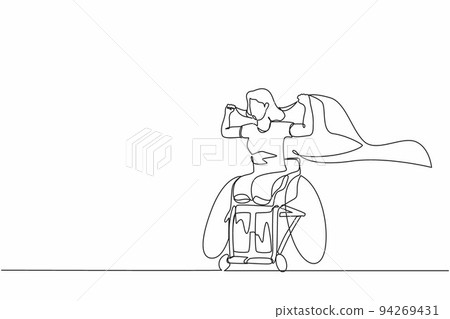Single one line drawing young amputee woman with body injuries raising flag. Disabled athlete sitting on racing wheelchair, disabled sportswoman. Continuous line design graphic vector illustration Single one line drawing young amputee woman with body injuries raising flag. Disabled athlete sitting on racing wheelchair, disabled sportswoman. Continuous line design graphic vector illustration 94269431