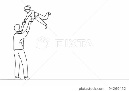 Single one line drawing dad carry his daughter. Father's day in activity, sense of tenderness of children, carrying of love, his child's enjoy flying and play. Continuous line design graphic vector 94269432