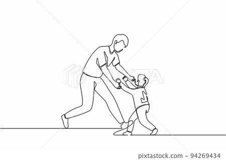 Single one line drawing joyful little daughter running to dad for family hug. Happy little girl meeting man with love. Family, Fathers day, childhood concept. Continuous line design graphic vector 94269434