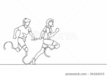 Single continuous line drawing two disable runners with prosthesis leg, disability women, amputee athletes, amputees running in relay race handing over the baton. One line draw graphic design vector 94269435