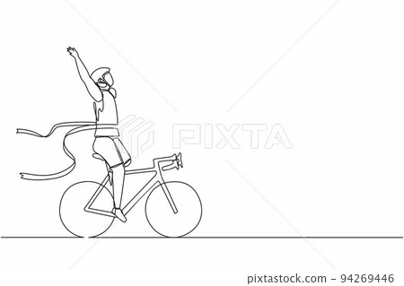 Single continuous line drawing disability games male disabled athlete or sportsman riding bicycle and crossing finish line. Ribbon breaker winner. Winning champion concept. One line draw design vector Single continuous line drawing disability games male disabled athlete or sportsman riding bicycle and crossing finish line. Ribbon breaker winner. Winning champion concept. One line draw design vector 94269446