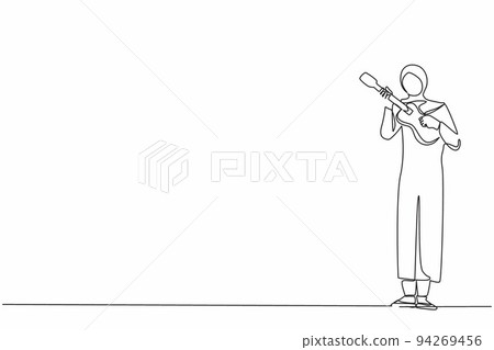 Single continuous line drawing Arabian girl playing on ukulele and having fun. Female musician holding small guitar and singing. Woman play on musical instrument. One line draw graphic design vector 94269456
