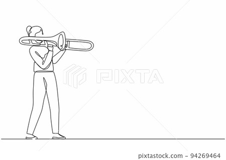 Single continuous line drawing trombone player. Female performer play wind instrument. Music artist girl. Jazz woman. Musician play trumpet. Classic music event. One line draw graphic design vector 94269464