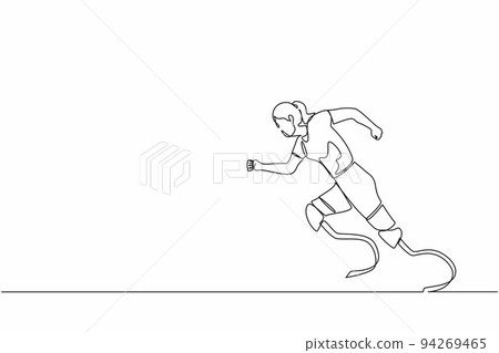 Continuous one line drawing disabled athlete runs on prostheses. Female disability runs. Disabled sportswoman with amputated foot. Disabled sport, championship, game. Single line graphic design vector 94269465