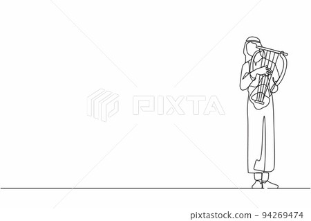 Single one line drawing Arab male musician playing musical lyre. Classical music orchestra man artist with music instrument. Professional musician performs. Continuous line draw design graphic vector 94269474