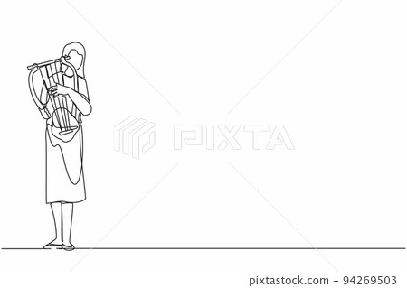 Continuous one line drawing female musician playing musical lyre. Classical music orchestra woman artist with music instrument. Professional musician performs on stage. Single line draw design vector Continuous one line drawing female musician playing musical lyre. Classical music orchestra woman artist with music instrument. Professional musician performs on stage. Single line draw design vector 94269503