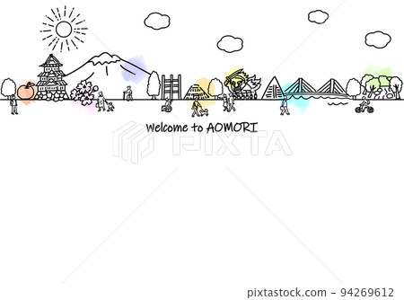 Simple line drawing illustration of the cityscape and people of tourist spots in Aomori Prefecture 94269612