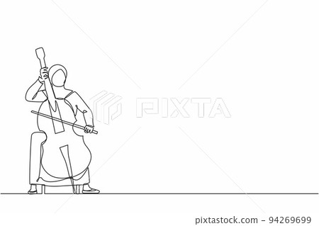 Single continuous line drawing Arab female performer playing on contrabass. Cellist woman playing cello, musician playing classical music instrument. One line draw graphic design vector illustration 94269699