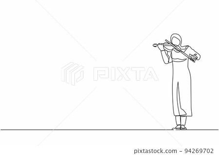 Single one line drawing Arab woman musician playing violin. Classical music performer with musical instrument. Female musician playing violin at music festival. Continuous line design graphic vector Single one line drawing Arab woman musician playing violin. Classical music performer with musical instrument. Female musician playing violin at music festival. Continuous line design graphic vector 94269702