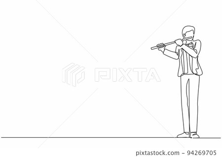 Continuous one line drawing male musician playing flute, standing in suit. Flutist performing classical music on wind instrument. Solo performance of talented flautist. Single line draw design vector 94269705