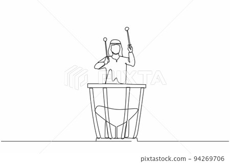 Continuous one line drawing Arab male percussion player play on timpani. Man performer holding stick and playing musical instrument. Musical instrument timpani. Single line draw design vector graphic 94269706