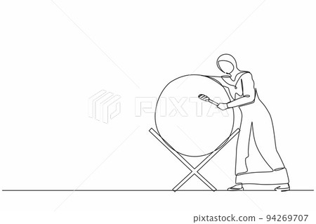 Single continuous line drawing Arab woman hitting bedug or traditional drum for suhoor and iftar time Ramadan. Muslim person calling other people to pray to mosque. One line draw graphic design vector 94269707