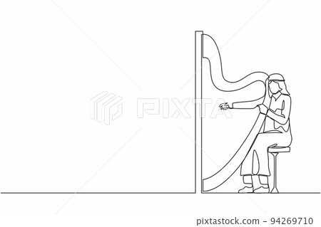 Single one line drawing Arab man musician playing harp. Classical music performer character with musical instrument. Male sitting and playing harp. Continuous line design graphic vector illustration Single one line drawing Arab man musician playing harp. Classical music performer character with musical instrument. Male sitting and playing harp. Continuous line design graphic vector illustration 94269710