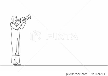 Single continuous line drawing Arab woman playing trumpet. Music instrumental. Jazz musician playing trumpet instrument. Trumpet player. Orchestra performer. Music performance. One line design vector Single continuous line drawing Arab woman playing trumpet. Music instrumental. Jazz musician playing trumpet instrument. Trumpet player. Orchestra performer. Music performance. One line design vector 94269711