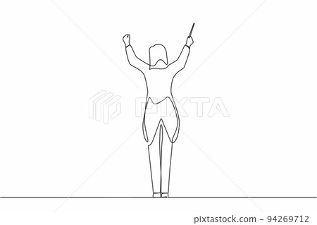 Single continuous line drawing back view woman conductor performing on stage, female musician in tuxedo directing classic instrumental symphony orchestra. One line graphic design vector illustration Single continuous line drawing back view woman conductor performing on stage, female musician in tuxedo directing classic instrumental symphony orchestra. One line graphic design vector illustration 94269712