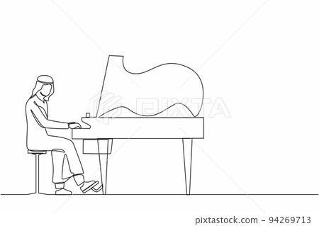 Single continuous line drawing Arab man plays piano. Male performer sits at musical instrument and plays jazz or blues. Professional musician. Person performs on stage. One line graphic design vector Single continuous line drawing Arab man plays piano. Male performer sits at musical instrument and plays jazz or blues. Professional musician. Person performs on stage. One line graphic design vector 94269713