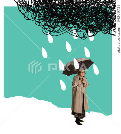 Autumn depression. Middle age sad scared woman standing with umbrella under drawn rain. Contemporary art collage. 94269732
