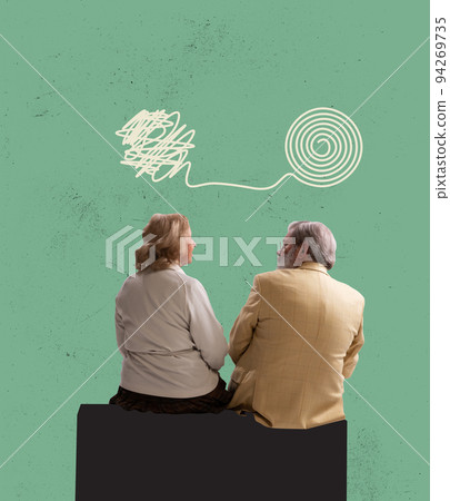 Modern design, contemporary art collage. Married couple, old man and middle age woman spend time together. Female and male psychology. Modern design, contemporary art collage. Married couple, old man and middle age woman spend time together. Female and male psychology. 94269735