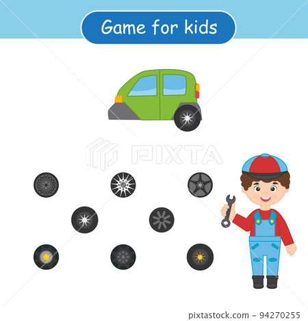 Education game for preshool children. Help mechanic find car wheel. Activity Worksheet vector design. Children funny education riddle entertainment and amusemen Education game for preshool children. Help mechanic find car wheel. Activity Worksheet vector design. Children funny education riddle entertainment and amusemen 94270255