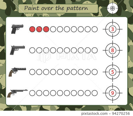 Educational Military game for kids. Counting training. Hit the target and paint over the pattern. Activity for preschool years kids and toddlers. Vector illustration Educational Military game for kids. Counting training. Hit the target and paint over the pattern. Activity for preschool years kids and toddlers. Vector illustration 94270256