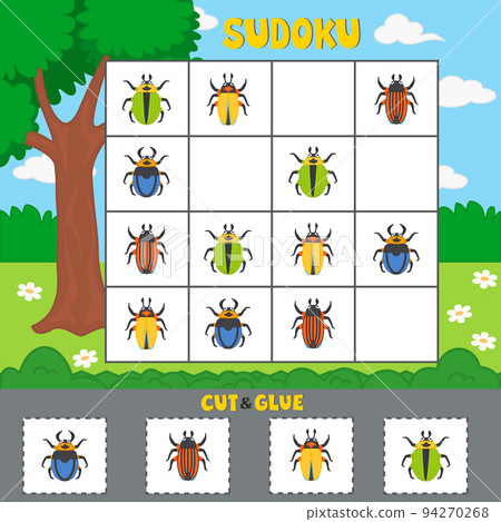 Educational logical game for children with funny insects. Sudoku. Vector illustration. Printable worksheet. Activity for preschool years kids and toddlers Educational logical game for children with funny insects. Sudoku. Vector illustration. Printable worksheet. Activity for preschool years kids and toddlers 94270268