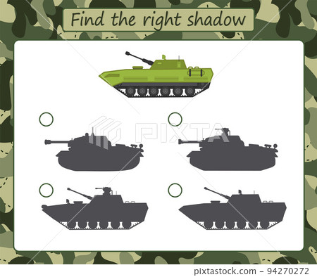 Educational game for kids. Find the right shadow. Military transport, Tank. Activity for preschool years kids and toddlers. Vector illustration 94270272