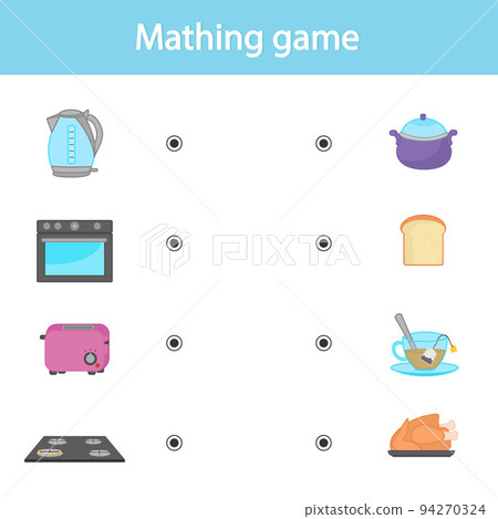 Educational Game for kids. Find a match pictures. Draw a line. Education developing worksheet. Activity page with color pictures. Vector illustration. Funny Game Cartoon style Educational Game for kids. Find a match pictures. Draw a line. Education developing worksheet. Activity page with color pictures. Vector illustration. Funny Game Cartoon style 94270324