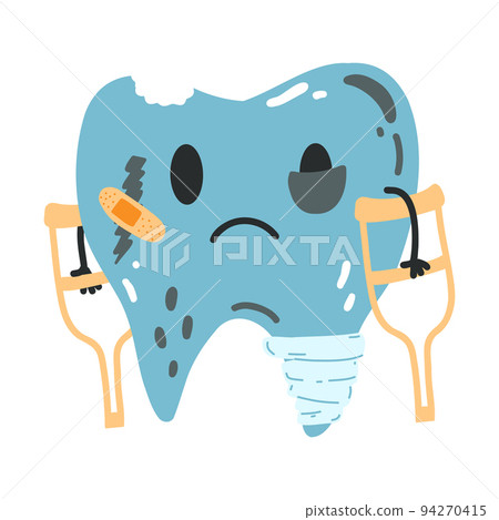 Unhealthy tooth character with crutches in cartoon flat style. Hand drawn vector illustration of sick broken molar with bandages, plaster for for poster, postcard, fabric print, stickers, web design Unhealthy tooth character with crutches in cartoon flat style. Hand drawn vector illustration of sick broken molar with bandages, plaster for for poster, postcard, fabric print, stickers, web design 94270415