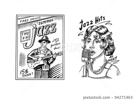 Woman jazz singer sings into a microphone. Male musician with a guitar in a hat on a poster. Hand 94271463