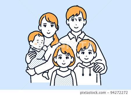 5 口之家：一對年輕夫婦、一個嬰兒和 2 個孩子的矢量插圖素材 94272272