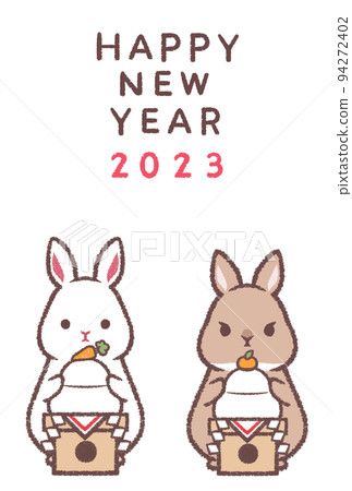 White rabbit, Netherland dwarf and kagami mochi 2023 New Year's card vertical White rabbit, Netherland dwarf and kagami mochi 2023 New Year's card vertical 94272402