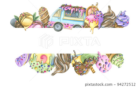 Horizontal banner with popsicles, waffle cups, food truck. Watercolor illustration. Frame from a large set of ICE CREAM. For registration, design of invitations, certificates, price tags, advertising. Horizontal banner with popsicles, waffle cups, food truck. Watercolor illustration. Frame from a large set of ICE CREAM. For registration, design of invitations, certificates, price tags, advertising. 94272512