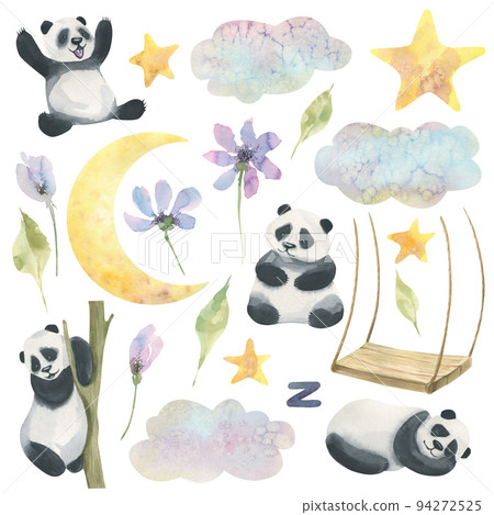 A set with cute cartoon pandas, swings, moon, stars, clouds and delicate, abstract, purple flowers. Children's, watercolor illustration, isolated objects on a white background. For decoration, design. A set with cute cartoon pandas, swings, moon, stars, clouds and delicate, abstract, purple flowers. Children's, watercolor illustration, isolated objects on a white background. For decoration, design. 94272525