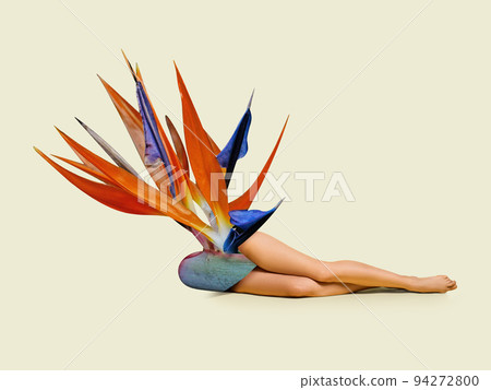 Female body with huge exotic flower or plant instead head. Contemporary art collage. Woman's health, care, love. Surrealism Female body with huge exotic flower or plant instead head. Contemporary art collage. Woman's health, care, love. Surrealism 94272800