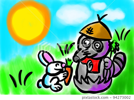 A rabbit offering carrots to a raccoon dog Jizo on a sunny day 94273002