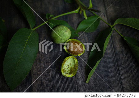 Unripe walnut fruits on a branch with leaves 94273778