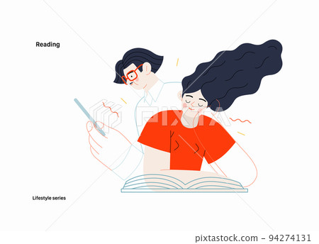 Lifestyle series - Reading - modern flat vector illustration of a man and a woman reading the books. People activities concept Lifestyle series - Reading - modern flat vector illustration of a man and a woman reading the books. People activities concept 94274131
